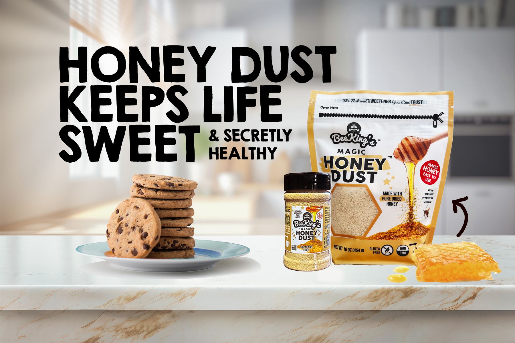 Honey Dust shaker and 1 lb baker bag on a kitchen counter beside chocolate chip cookies